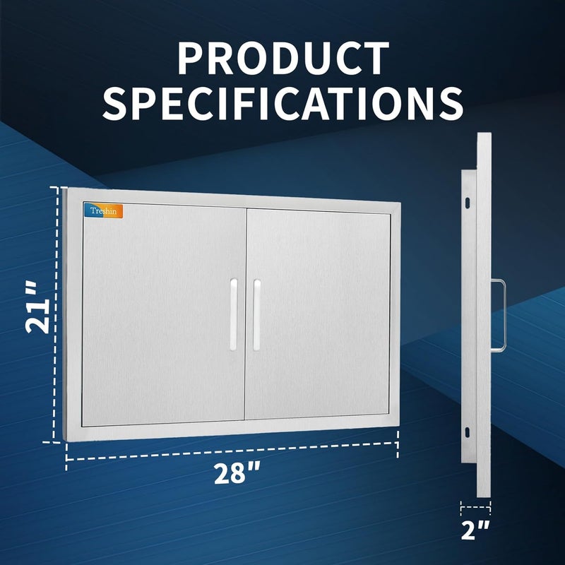 Treshin Outdoor Kitchen Doors 28" W x 21" H, Stainless Steel Double BBQ Access Door with Detachable Handles, Flush Mount, for BBQ Island, Grill Station, Outside Cabinet, Outdoor Kitchen - Image 2